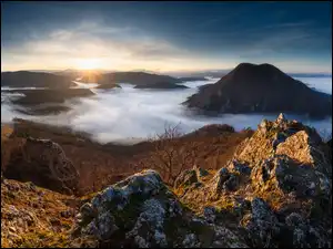 Góry, Sulowskie Wierchy, Słowacja, Wschód słońca, Krzewy, Mgła, Skały