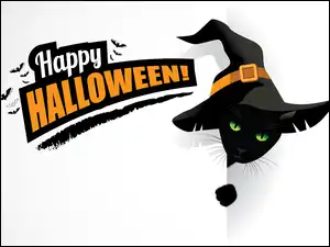 Kot, Czarny, Grafika, Halloween, Happy Halloween, Napis, Kapelusz