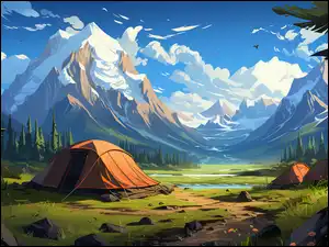 Las, Góry, Namioty, 2D, Drzewa, Dolina