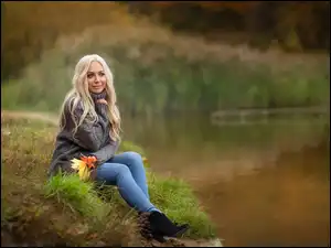 Liście, Kobieta, Blondynka, Staw