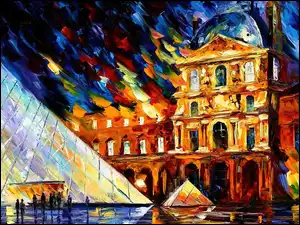 Piramida, Leonid Afremov, Pałac, Francja, Malarstwo, Muzeum Luwr, Paryż, Obraz