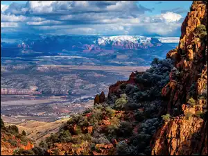 Stany Zjednoczone, Góry, Arizona, Jerome, Sedona, Roślinność, Chmury, Skały, Zachód słońca