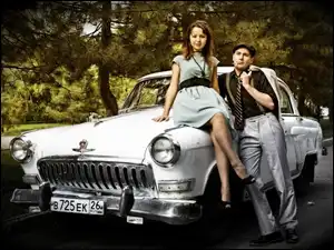 Samochód, Para, Wołga, Las, Retro, Droga