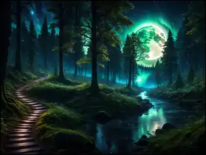 Las, Rzeka, Drzewa, Grafika, Księżyc, Noc, Ścieżka
