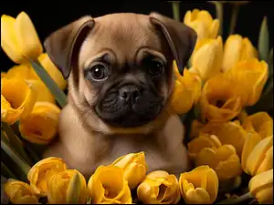 Tulipany, Szczeniak, Mops, Żółte