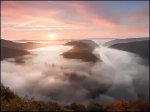 Saara River, Mgła, Niemcy, Rzeka, Mettlach, Wschód słońca, Lasy
