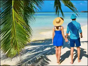 Kobieta, Spacer, Plaża, Morze, Mężczyzna
