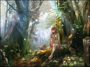 Anime, Dziewczyna, Las, Zwierzęta