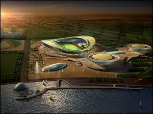 Stadiony, Drzewa, Słońca, Projekt, Zachód, Jezioro, Jachty