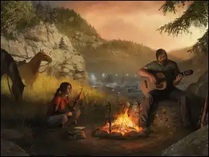 Gitara, Malarstwo, dziewczynka, Konie, Obraz, Mężczyzna, góry, Ognisko