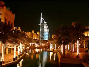 Dubaj, Hotel, Miasto Nocą, Zjednoczone Emiraty Arabskie, Palmy, Budynki, Burdż al-Arab