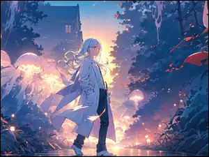 Meduza, Anime, Płaszcz, Dziewczyna, Poświata