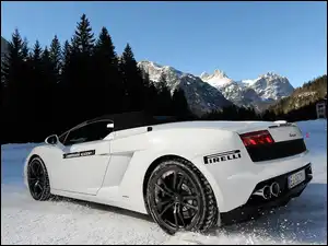 Lamborghini, Białe, Zima, Drzewa, Gallardo, Góry