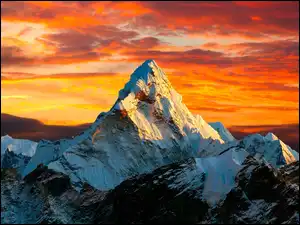 Chmury, Himalaje, Zachód słońca, Mount Everest, Czomolungma, Ośnieżone, Góry, Nepal, Szczyty