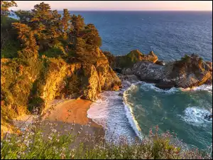 Trawa, Park Stanowy Julia Pfeiffer Burns, Skały, Stany Zjednoczone, Drzewa, Wybrzeże Big Sur, McWay Falls, Plaża, Wodospad, Morze, Zatoka, Kalifornia