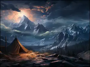 Namiot na tle gór i nocnego nieba w grafice