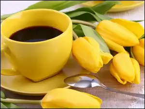 Tulipany, Żółta, Łyżeczka, Żółte, Kawa, Spodek, Filiżanka