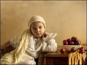 Stół, Dziewczynka, Śliwki