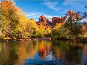 Arizona, Skały, Drzewa, Stany Zjednoczone, Jesień, Rzeka, Cathedral Rock