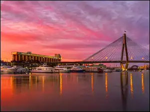Sydney, Zatoka Black Wattle, Zachód słońca, Australia, Wieżowce, Łodzie, Most Anzac Bridge