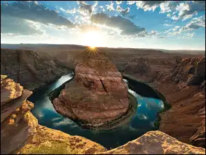 Stany Zjednoczone, Promienie słońca, Skały, Horseshoe Bend, Kanion, Park Narodowy Glen Canyon, Kolorado River, Rzeka, Zakole, Arizona