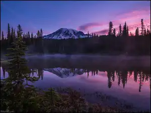 Stany Zjednoczone, Drzewa, Las, Wschód słońca, Jezioro Reflection Lake, Park Narodowy Mount Rainier, Szczyt Mount Rainier, Góra, Mgła, Stan Waszyngton