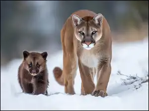 Puma i niedźwiadek idą obok siebie po śniegu