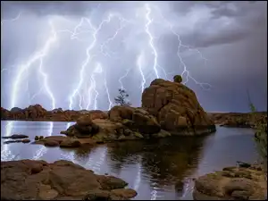 Prescott, Skały, Jezioro, Arizona, Granite Dells, Watson Lake, Stany Zjednoczone, Pioruny
