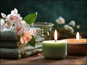 Kwiaty, Świece, Ręczniki, SPA, Storczyk, Relaks