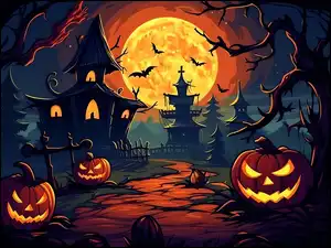 Droga, Drzewa, Ptaki, Dynie, Noc, Halloween, Domy, Księżyc, Świecące, Nietoperze