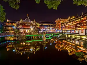 Odbicie, Shanghaj, Drzewa, Noc, Oświetlenie, Dom, Pawilon Huxin, Chiny, Ogród Yuyuan