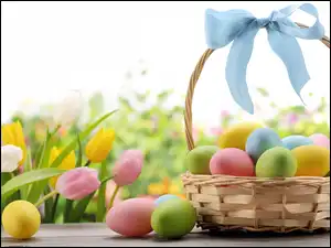 Tulipany, Wstążka, Pisanki, Koszyk, Niebieska