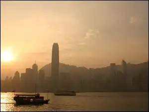 Łodzie, Hong Kong, Miasto, Zachód Słońca