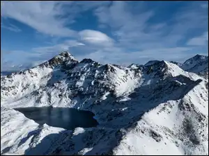 Etang Blaou, Zima, Śnieg, Ariege, Góry, Jezioro, Francja, Pireneje