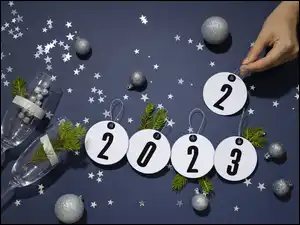 Dekoracja, Gałązki, Bombki, Gwiazdki, Zawieszki, Nowy Rok, Kieliszki, 2023, Ręka, Sylwestra