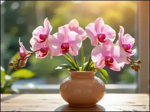 Różowe, Kwiaty, Orchidea, Okno, Storczyki, Wazon