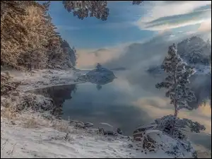 Kamienie, Zima, Drzewa, Jezioro