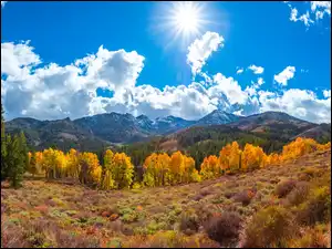 Promienie słońca, Kalifornia, Jesień, Drzewa, Chmury, Eastern Sierra, Sonora Pass, Stany Zjednoczone, Góry