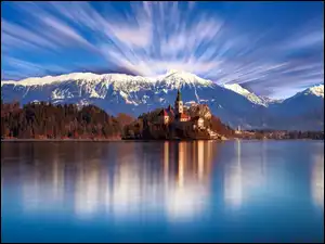 Jezioro, Słowenia, Góry, Kościół, Bled