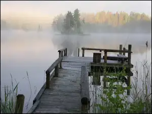 Drewniane, Trawy, Mgła, Jezioro, Molo