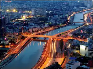 Miasto, Noc, Ho Chi Minh, Wietnam, Rzeka