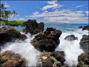Wyspa Maui, Morze, Chmury, Hawaje, Palmy, Skały, Fale