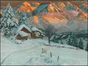 Obraz, Alois Arnegger, Domy, Malarstwo, Drzewa, Góry, Zima