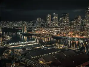 Miasto nocą, Noc, Rzeka, Vancouver, Oświetlenie, Statki, Kanada, Budynki
