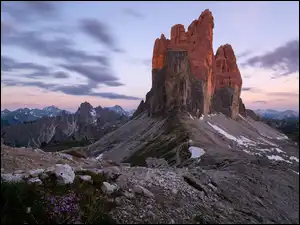 Góry, Dolomity, Tre Cime di Lavaredo, Włochy, Masyw, Zachód słońca