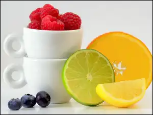 Cytryna, Filiżanki, Maliny, Owoce, Pomarańcz