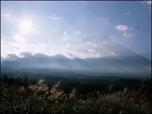 Chmury, Góry, Niebo, Słońce, Promienie