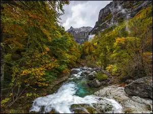 Strumień, Valle de Ordesa, Liście, Góry, Kamienie, Hiszpania, Jesień, Skały, Park Narodowy de Ordesa y Monte Perdido, Las, Drzewa, Niebo