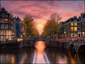Domy, Holandia, Most, Światła, Amsterdam, Drzewa, Zachód słońca, Kanał Leidsegracht