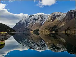Las, Góry, Łódka, Odbicie, Ulvikfjord, Obłoki